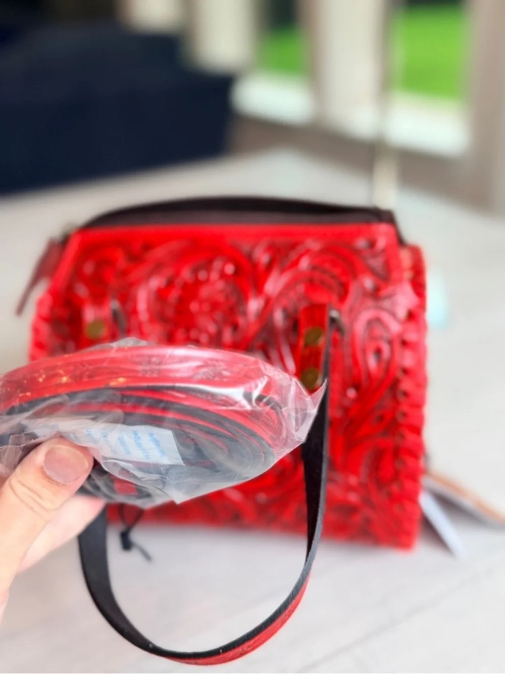 Genuine Leather Cowhide Western Speedy Purse Tooled Floral Red Satchel Bag MINI
